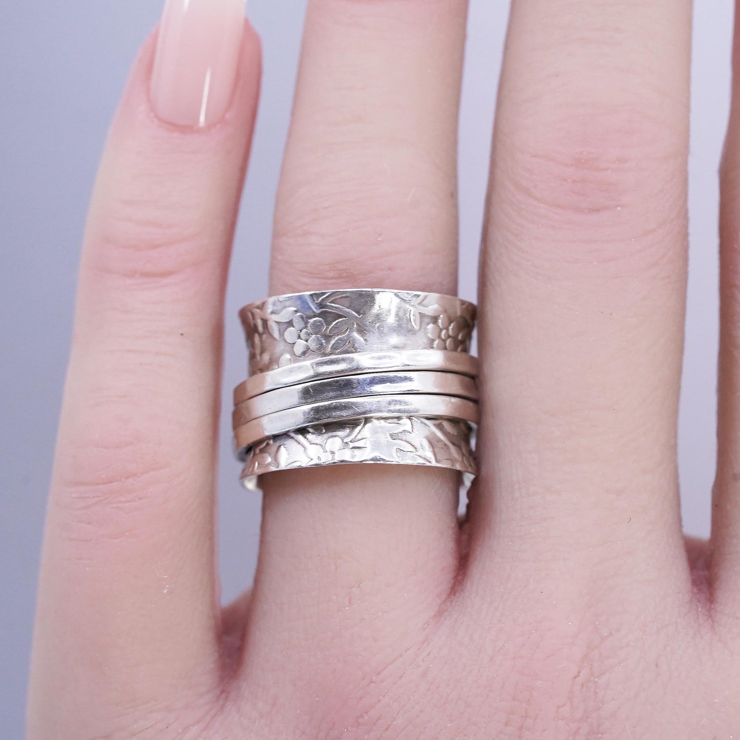 Size 7, 925 Sterling Silver Spinner Ring Wide Band Meditation Boho Swivel Band