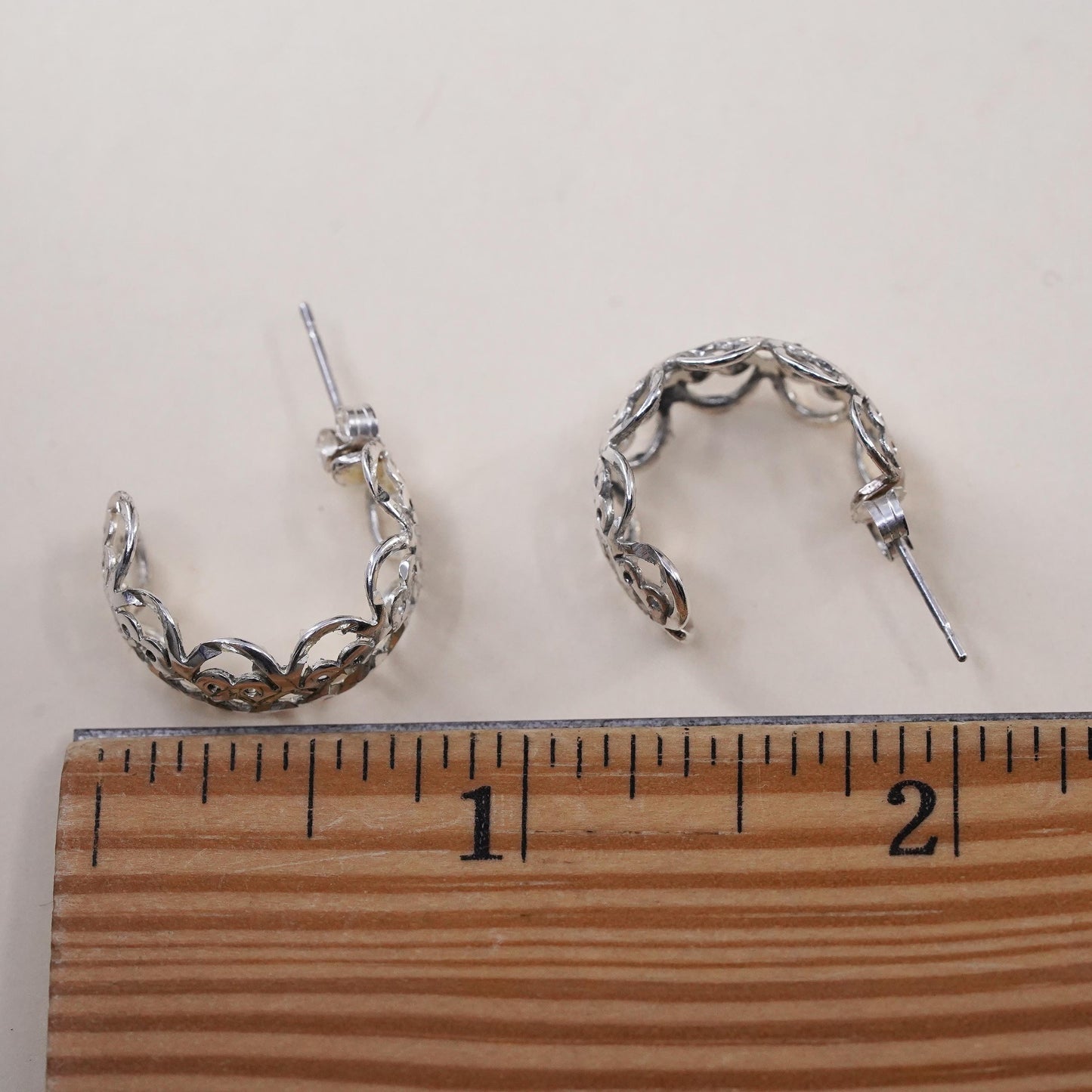 0.75", Vintage sterling 925 silver studs, filigree 925 huggie earrings