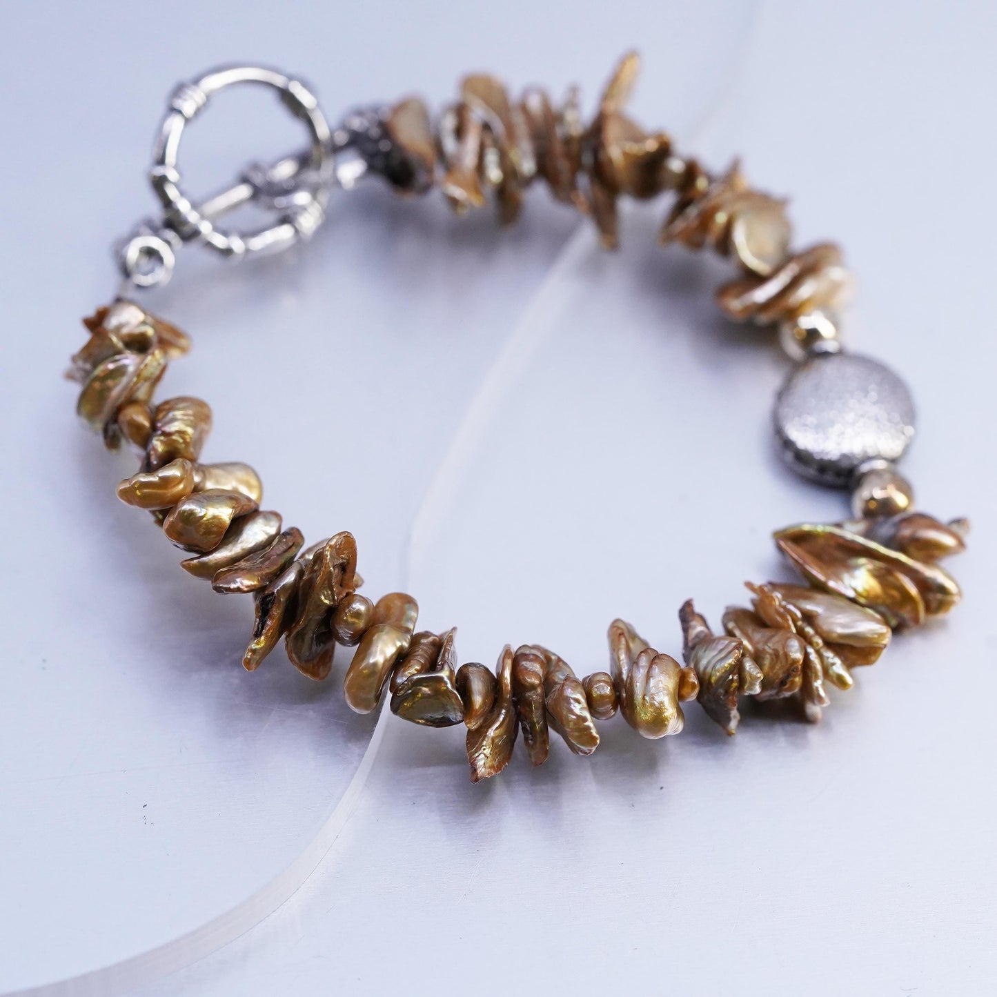 6.25", vintage sterling silver bracelet, baroque pearl beads 925 toggle closure