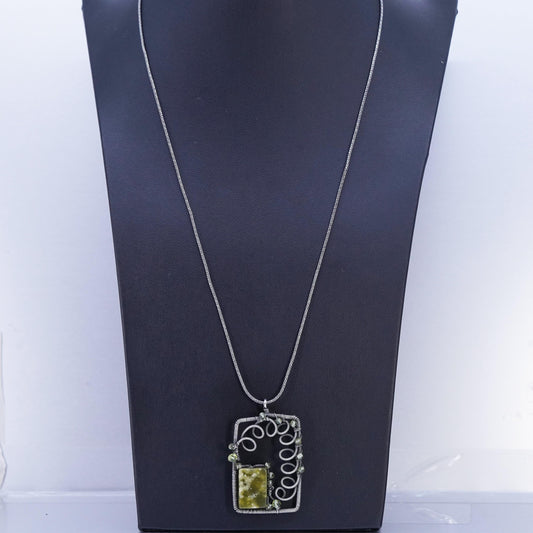 23+3", Sterling 925 silver wheat chain necklace wired rectangular jade pendant