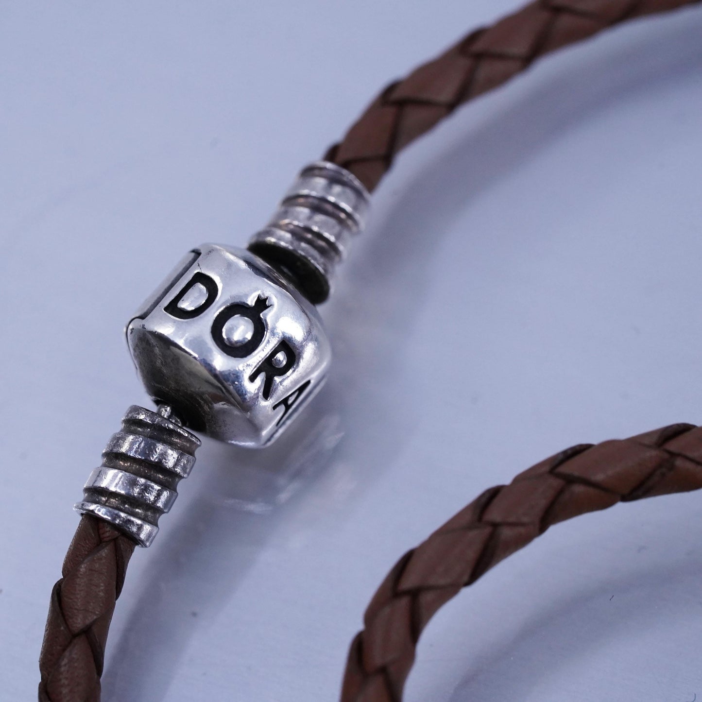 14”, Pandora 925 Sterling Silver brown braided Leather Necklace bible charm