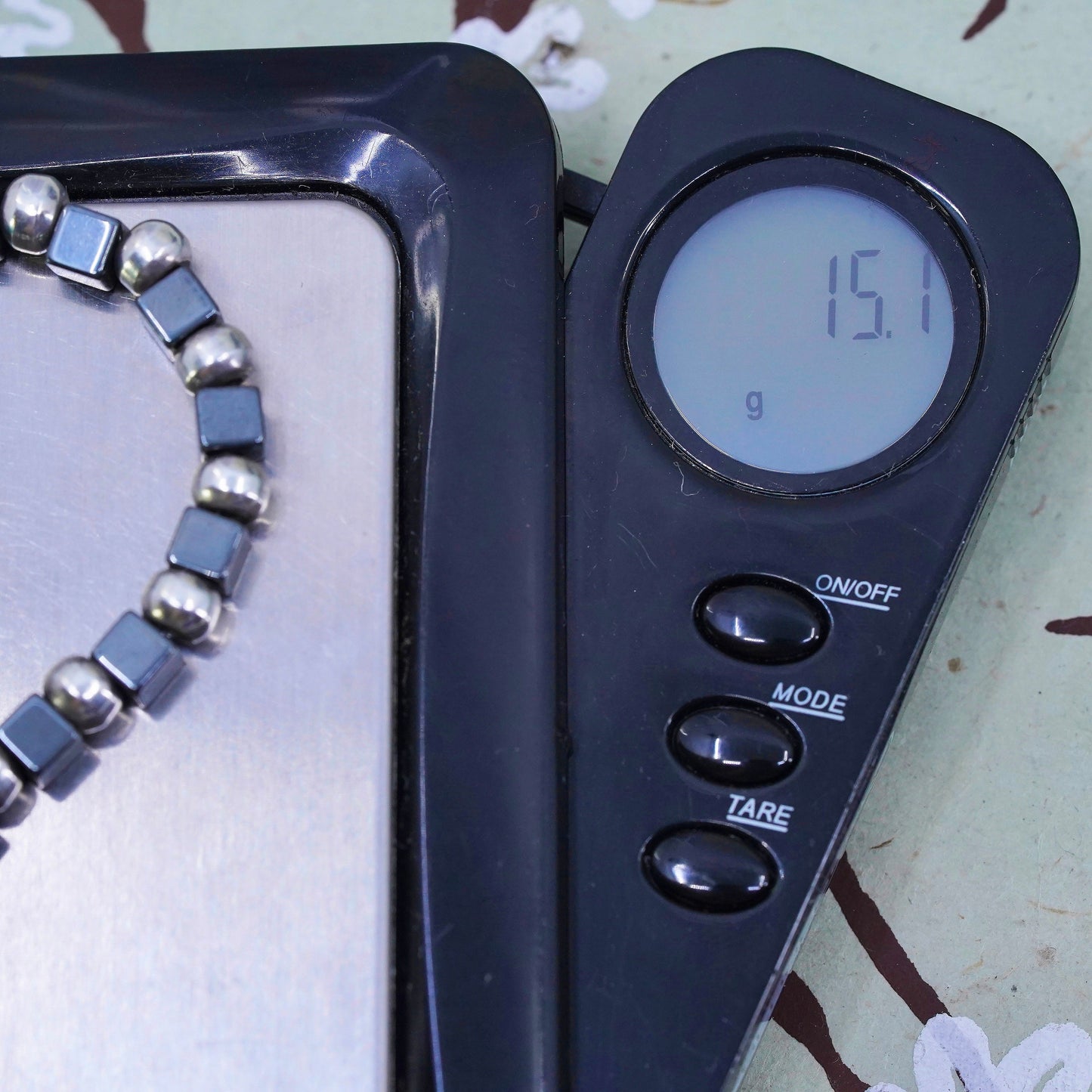 7”, Vintage handmade bracelet, hematite cubes with 925 silver beads chain