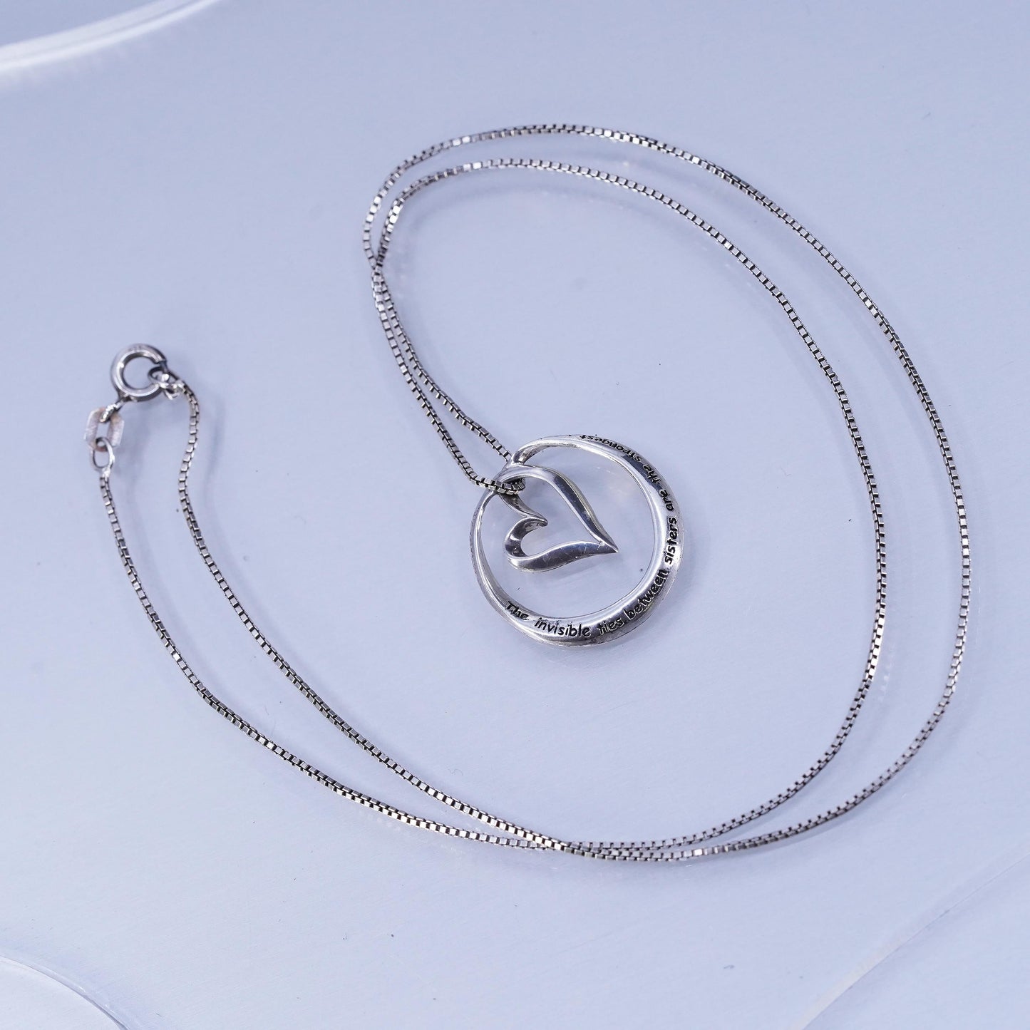 18”, vintage Sterling 925 silver handmade box necklace with heart pendant