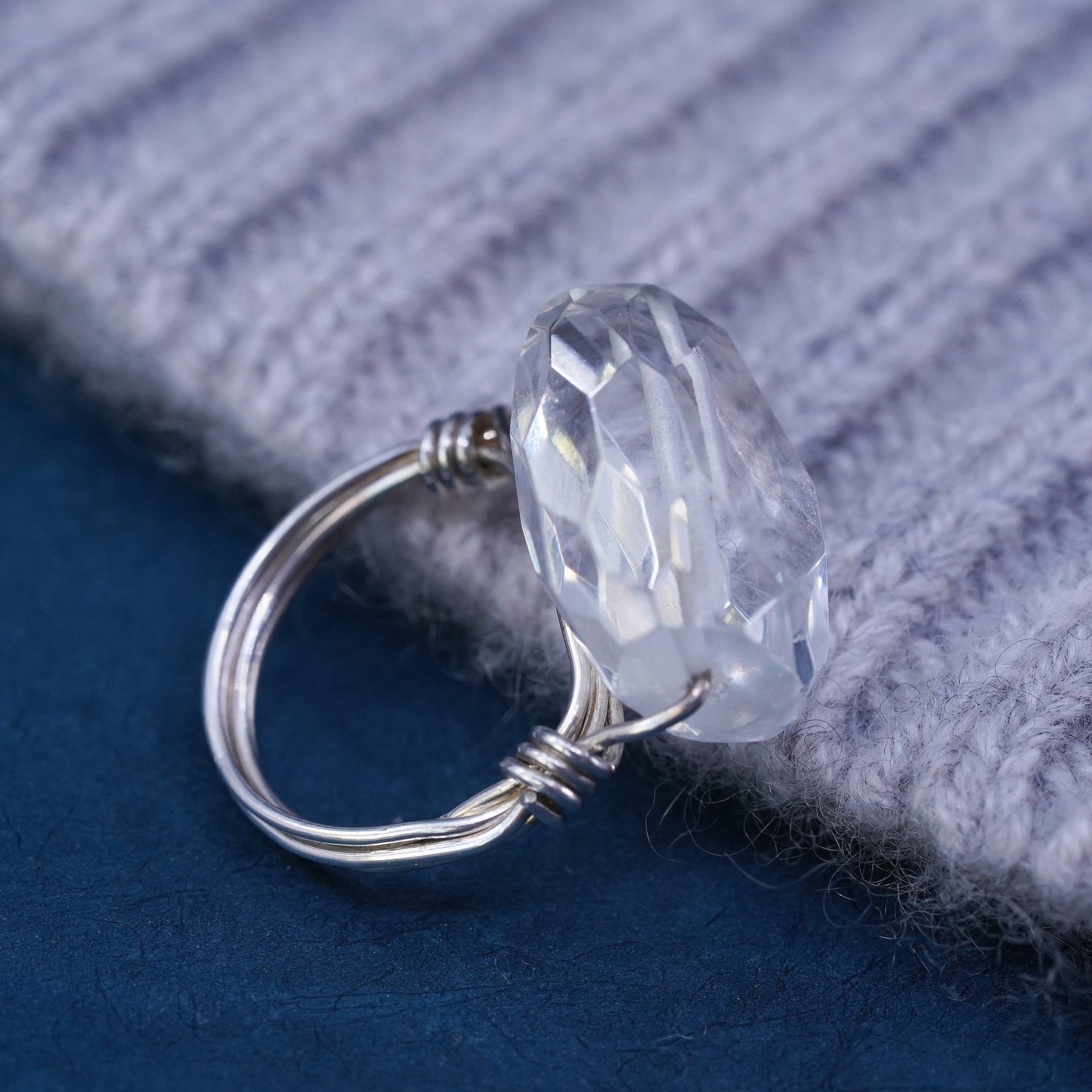 Size 5, vintage Sterling 925 silver handmade ring with clear crystal details