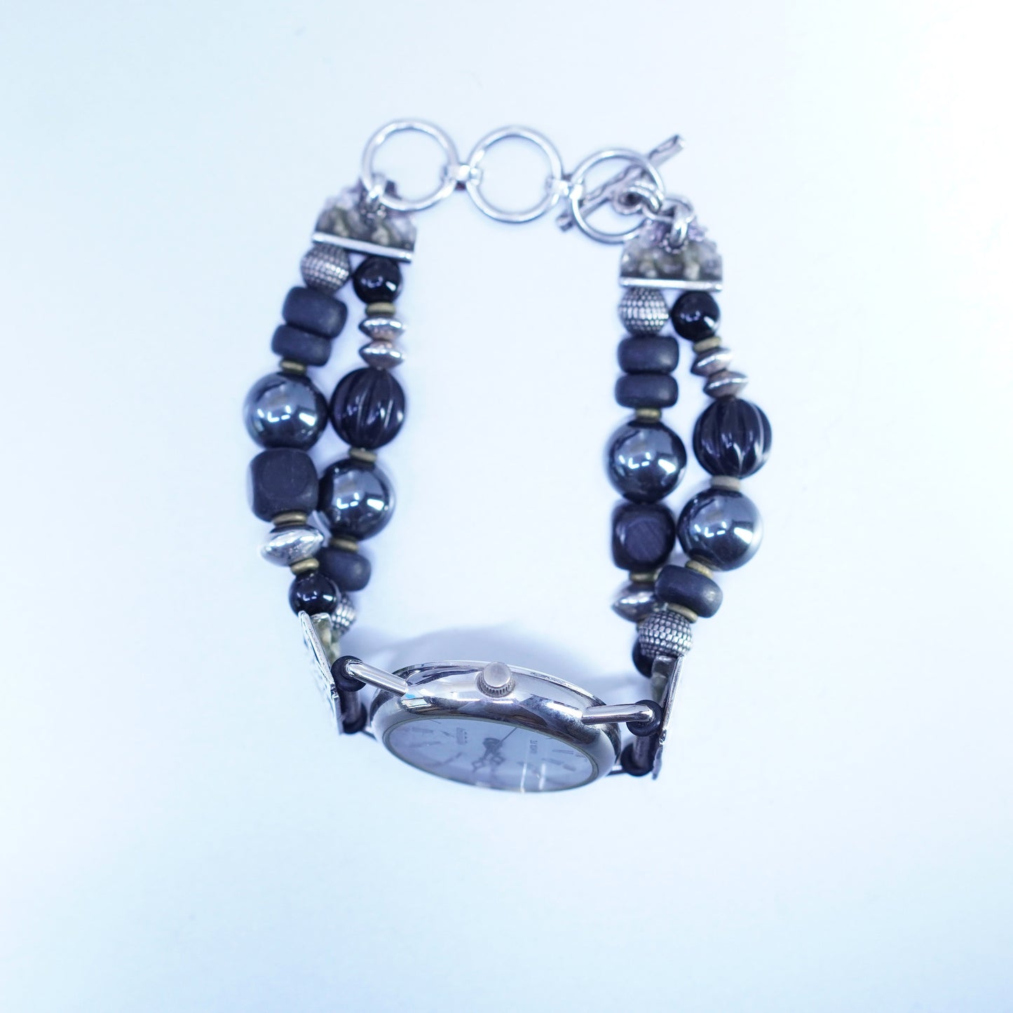 6.5”, Peyote Bird Working Quartz Watch Sterling Silver 925. onyx hematite band