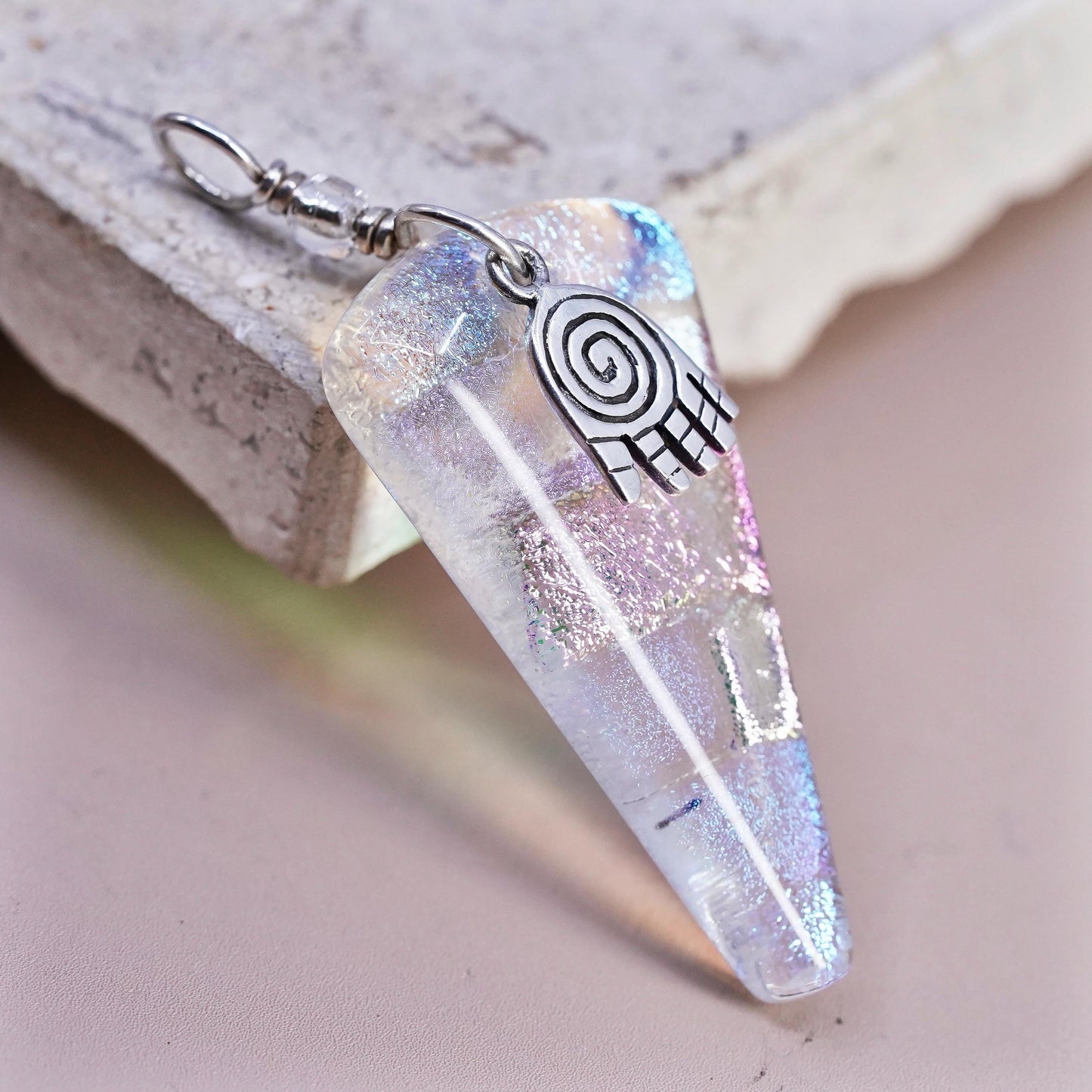 VTG sterling silver Pendant, 925 healing hand charm triangular artisan glass