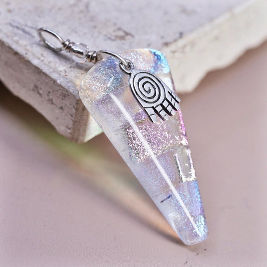 VTG sterling silver Pendant, 925 healing hand charm triangular artisan glass
