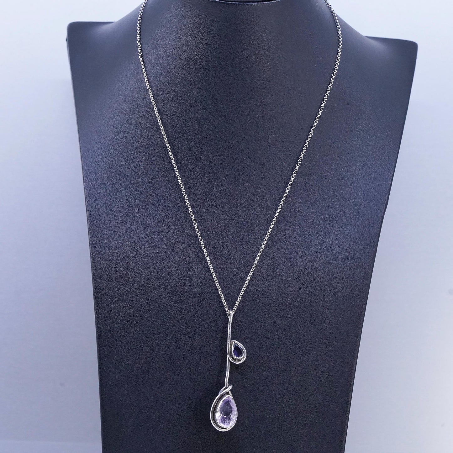 18", Italian Sterling 925 silver necklace with 2.25” teardrop amethyst pendant