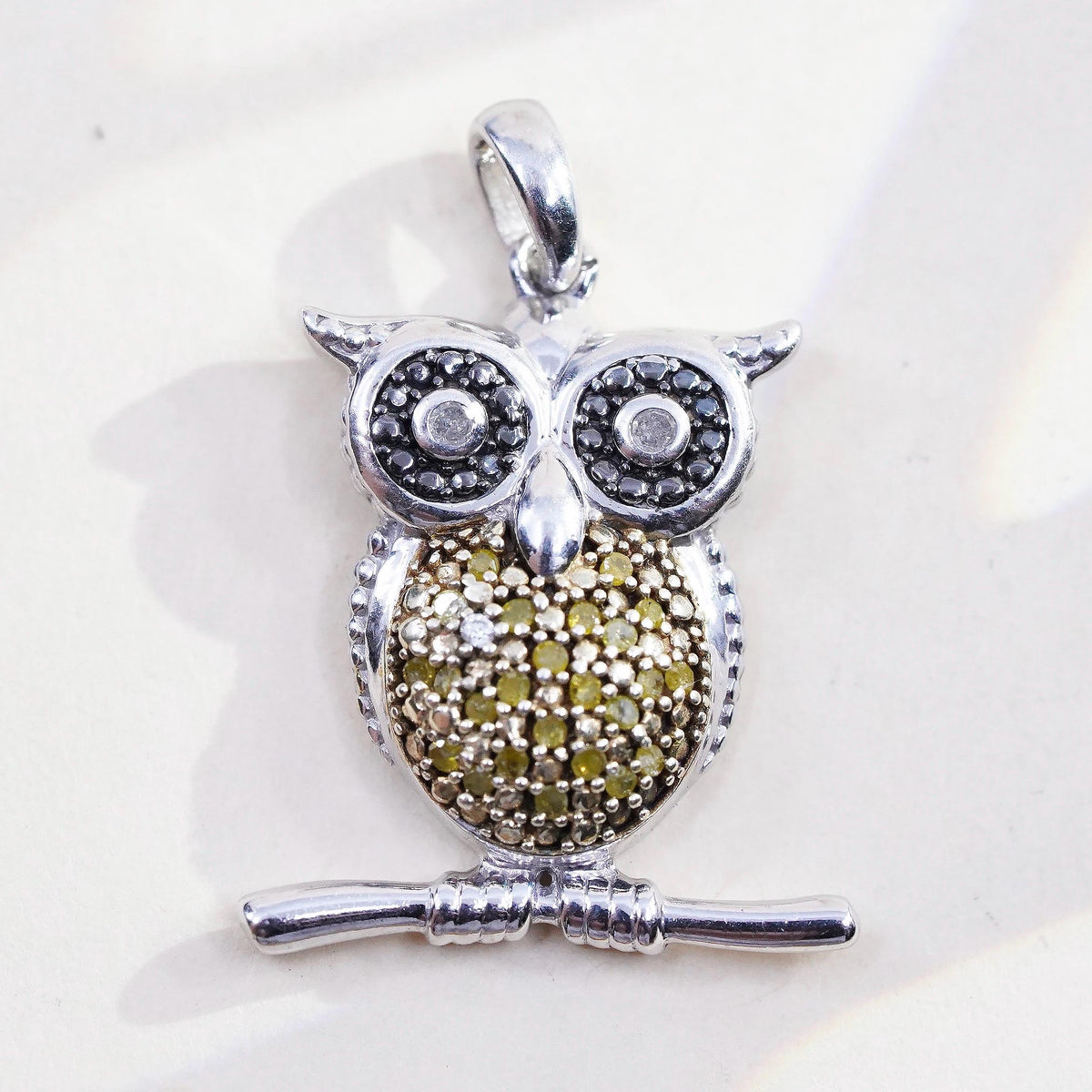Vintage sterling 925 silver owl bird pendant and cluster yellow diamonds