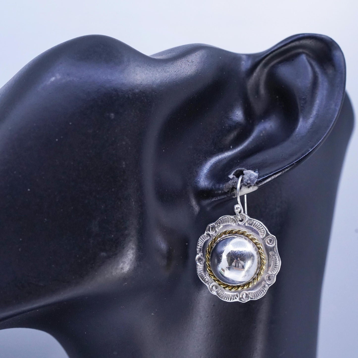 Vintage Mexican two tone Sterling 925 silver dome flower earrings brass cable