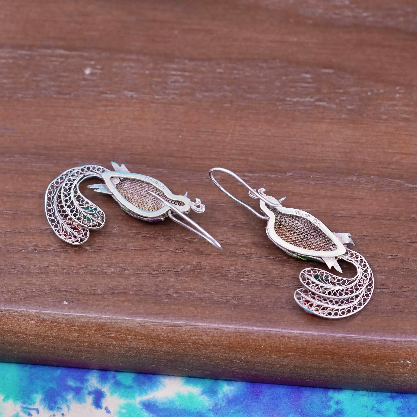 Sterling silver handmade earrings filigree 925 peacock drops w/ colorful enamel
