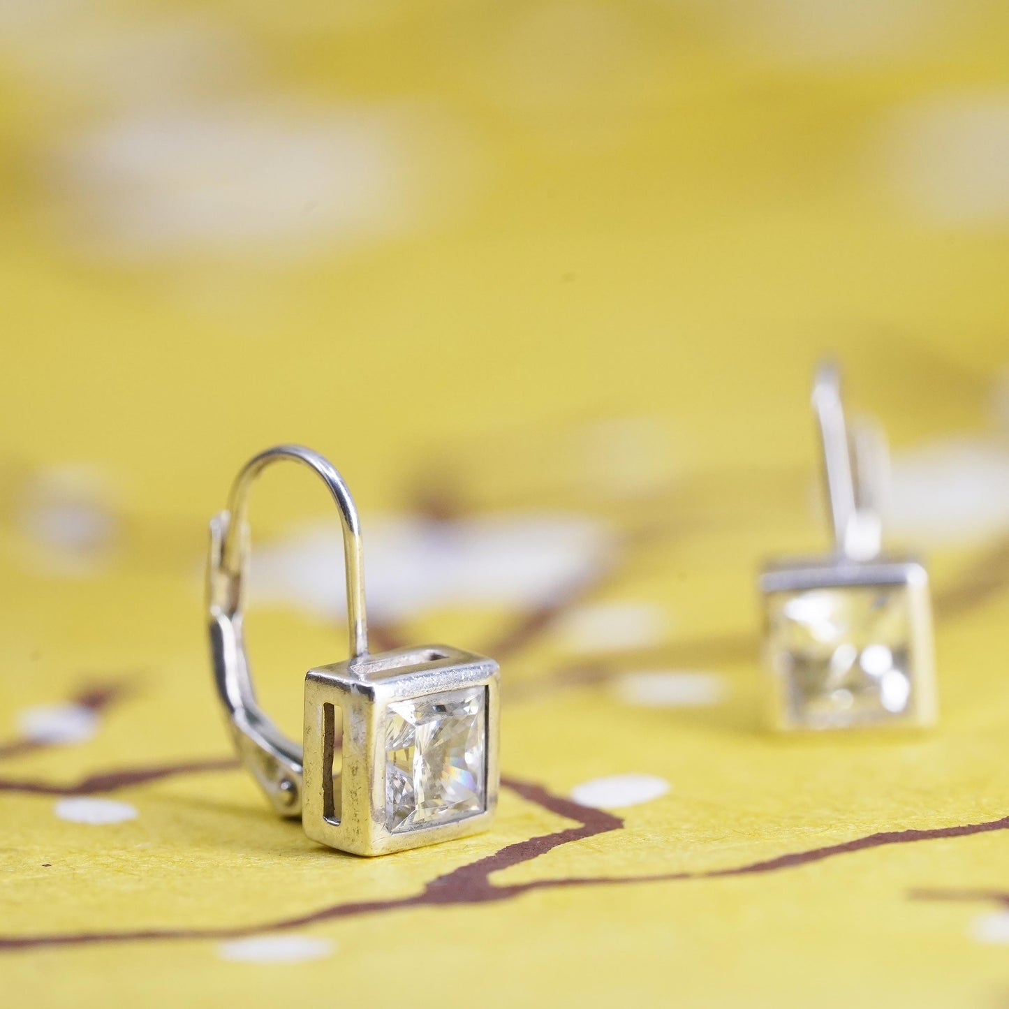 Vintage Sterling 925 silver handmade earrings with square CZ