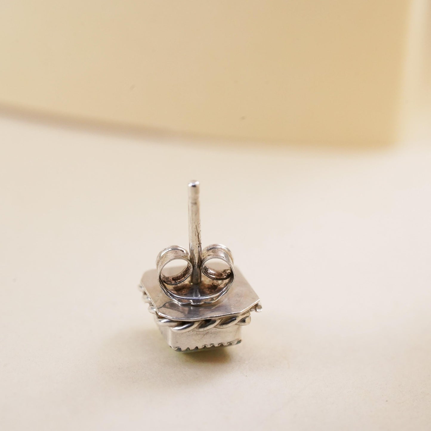 Vintage handmade single earring. Sterling 925 silver square stud with opal