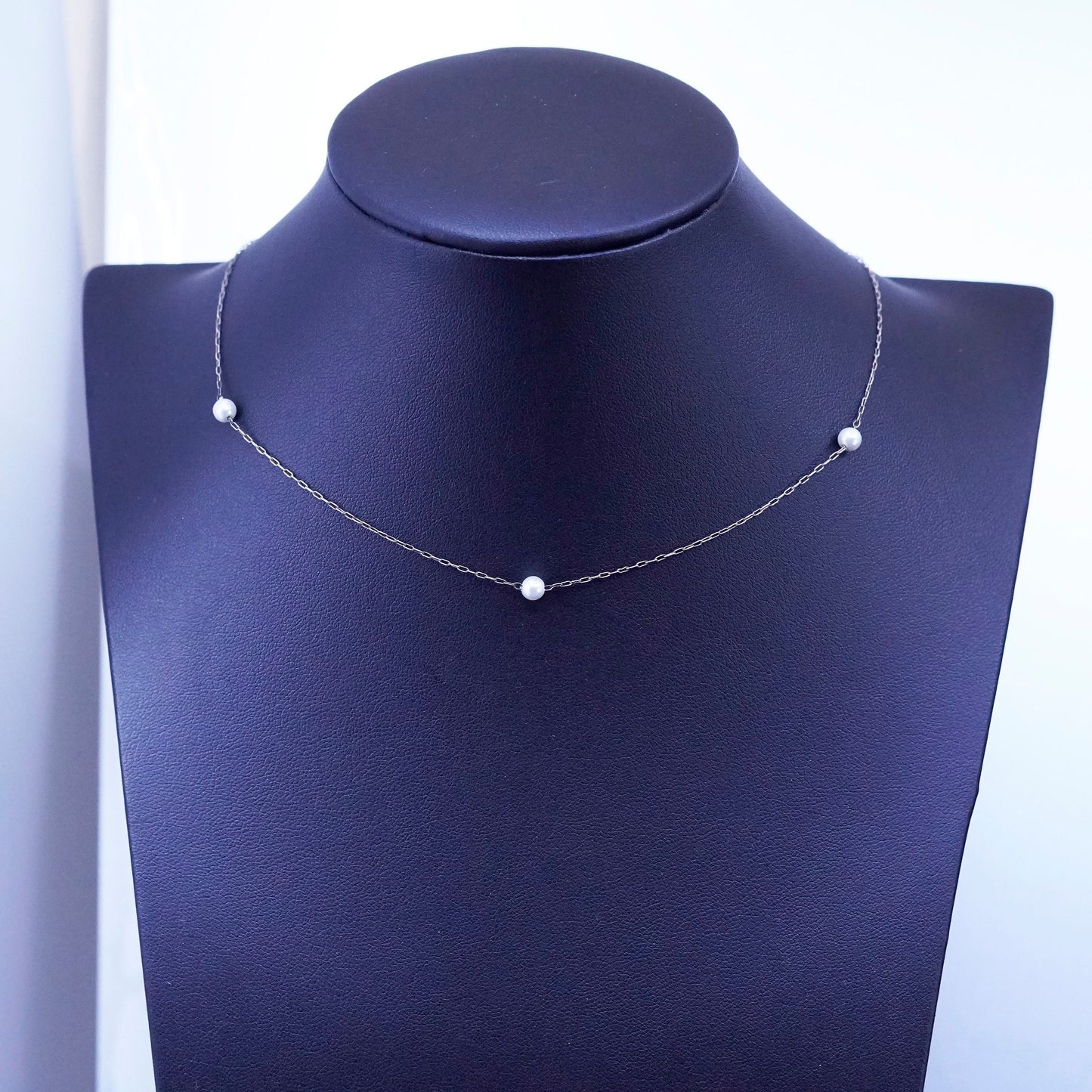 16”, 1mm, vintage Sterling silver necklace, 925 circle chain with pearl