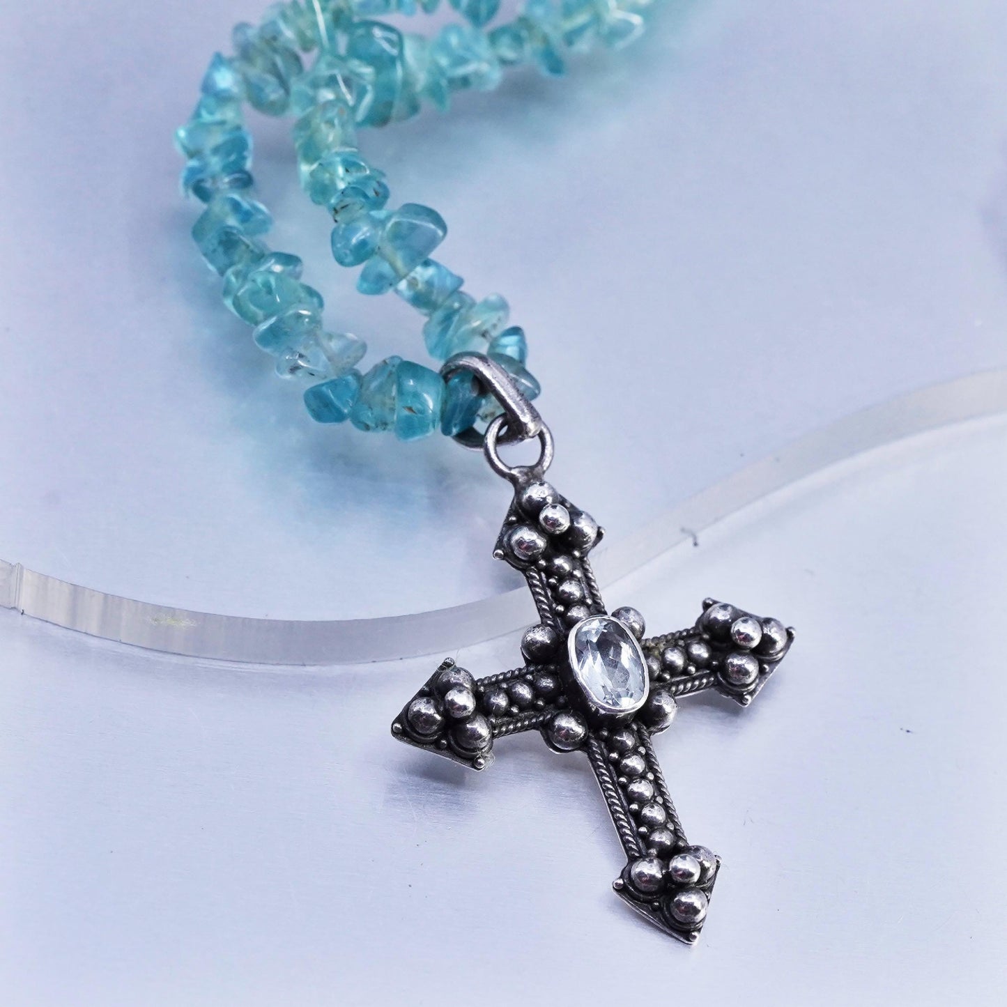 16", Sterling 925 silver necklace with nugget apatite beads and cross pendant
