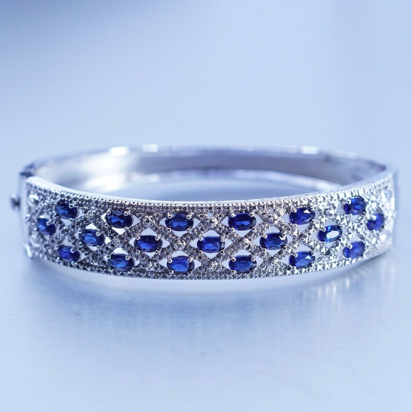 7”, Sterling 925 silver handmade bracelet, hinged bangle sapphire diamond