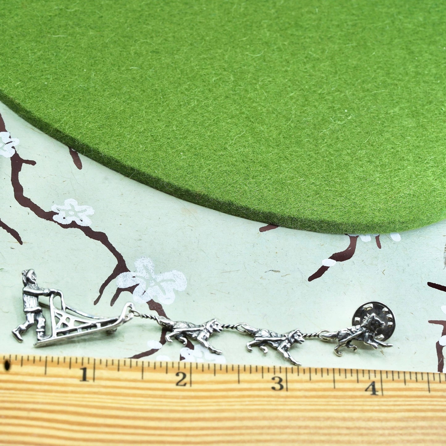 sterling silver handmade brooch, 925 sled with three Huskie dog, Christmas pin