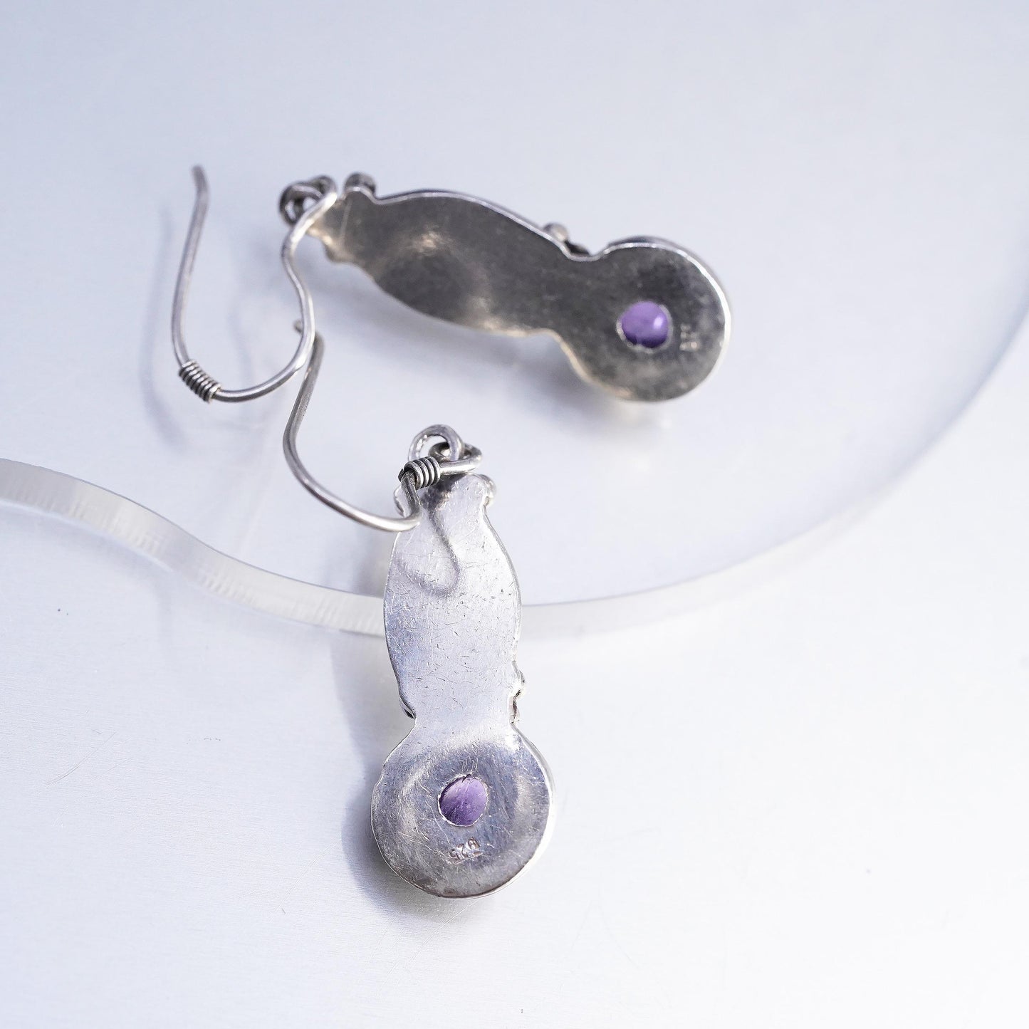 Sterling Silver Amethyst Dangle Earrings, 925 Southwestern Drops, Cabochon