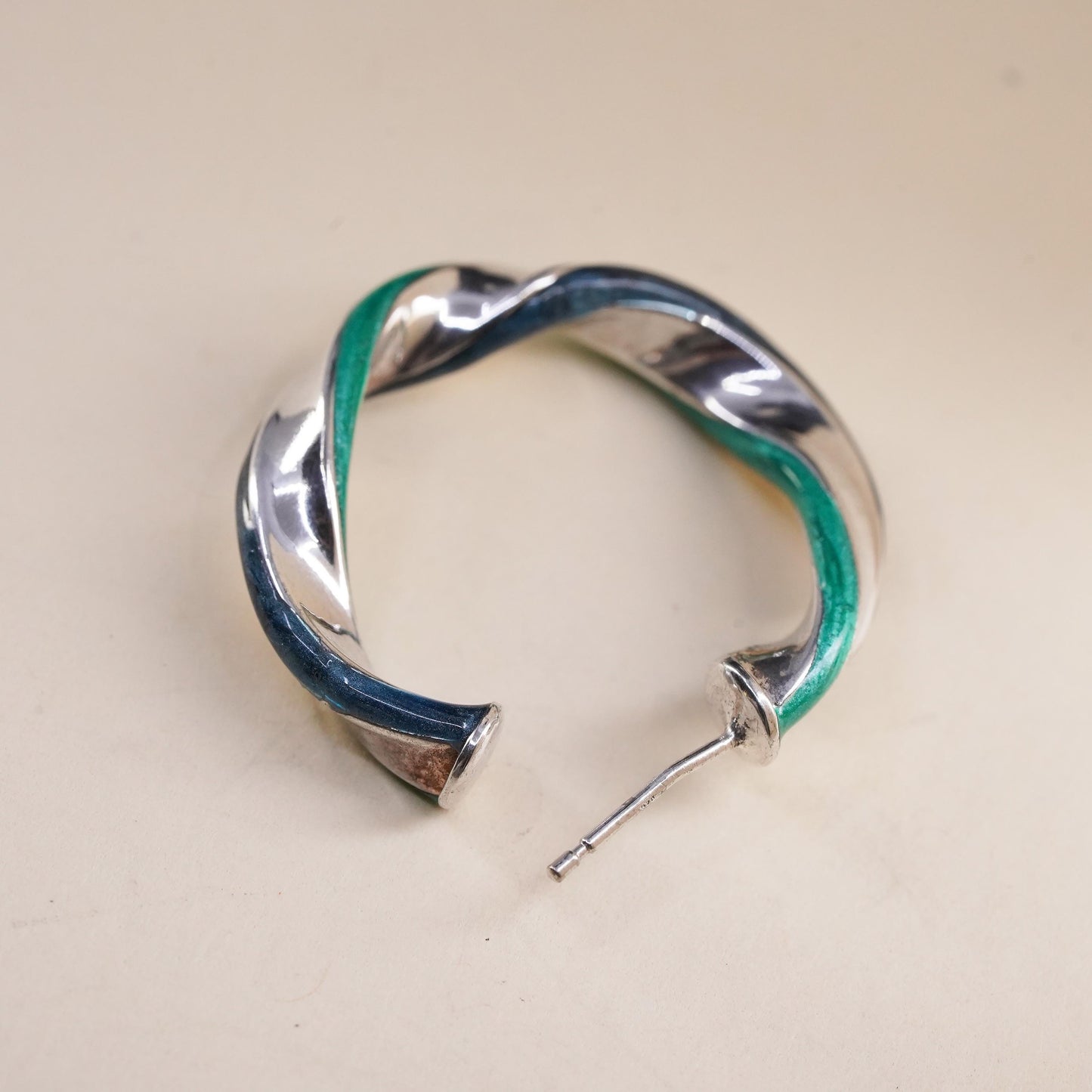 1.25", Vintage sterling silver loop single earring, twisted hoop green enamel