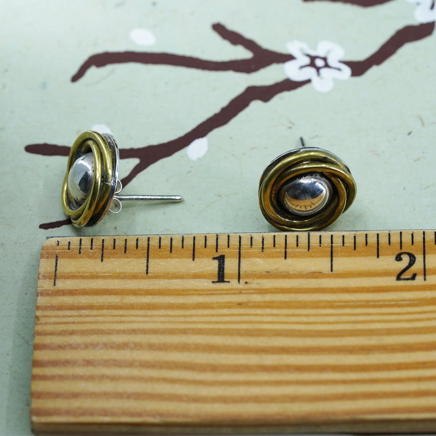 Vintage two tone Mexico Sterling brass studs 925 silver earrings w/ brass cable