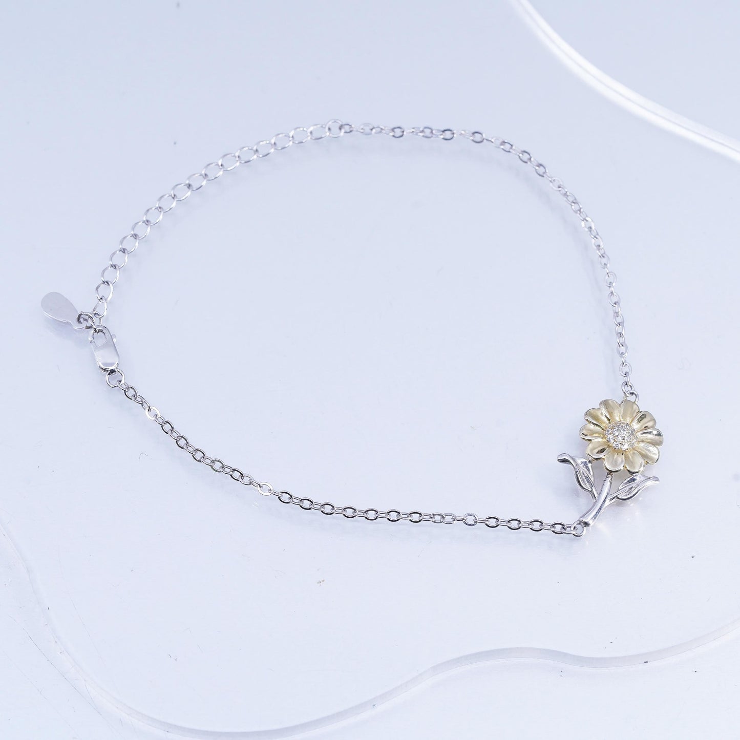 7+2" two tone Sterling Silver Bracelet anklet, 925 Circle chain sunflower charm