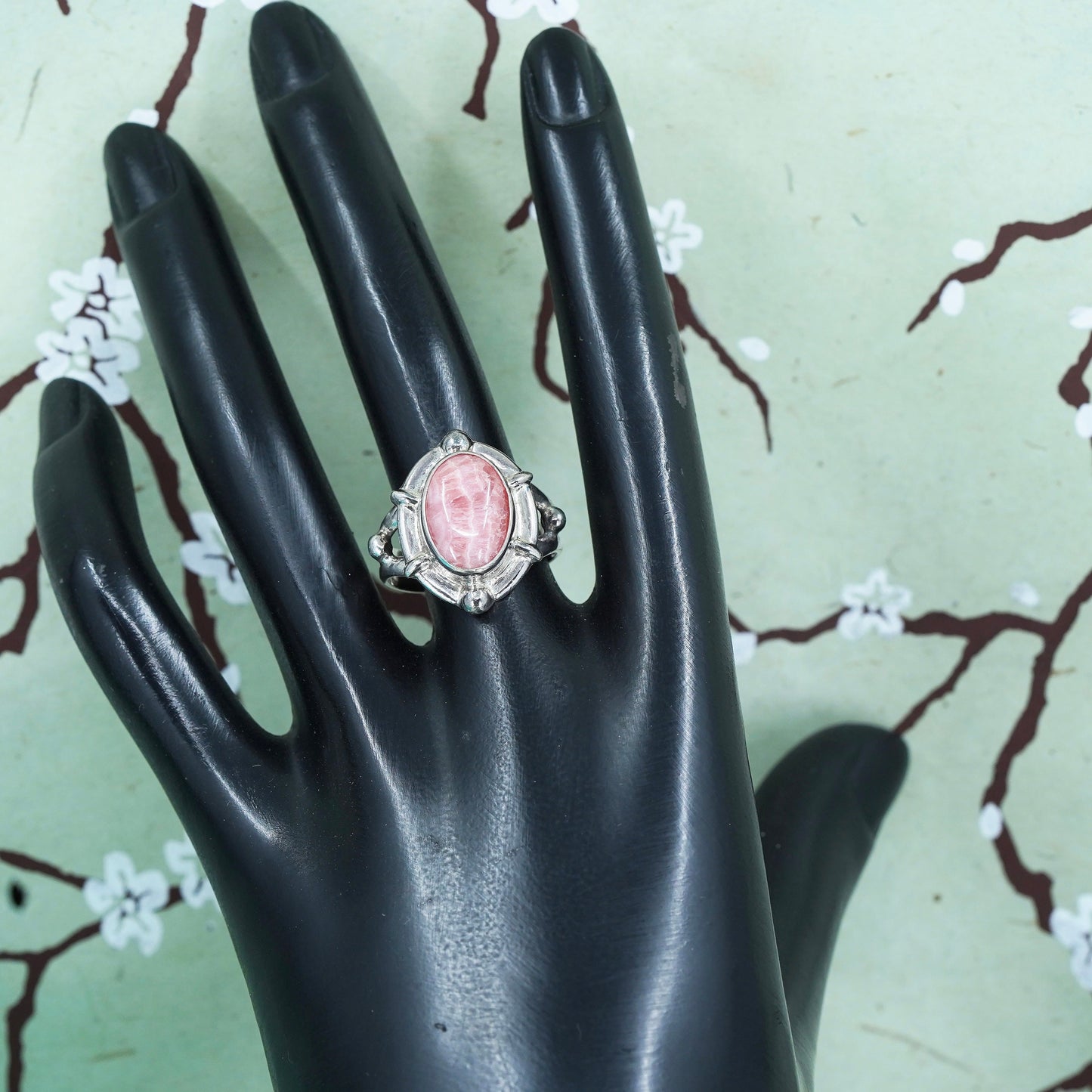 Size 9, sterling silver ring, handmade filigree 925 ring w/ pink Rhodochrosite