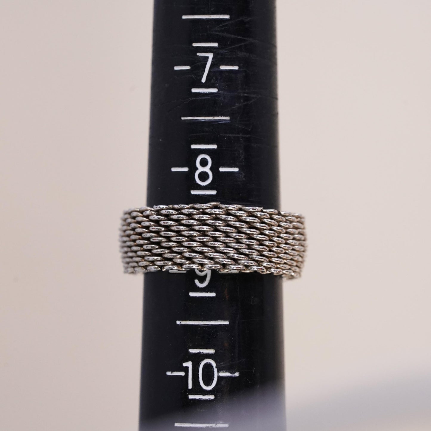 Size 8.25, Vintage sterling silver mesh chain ring, 925 band with heart and cz