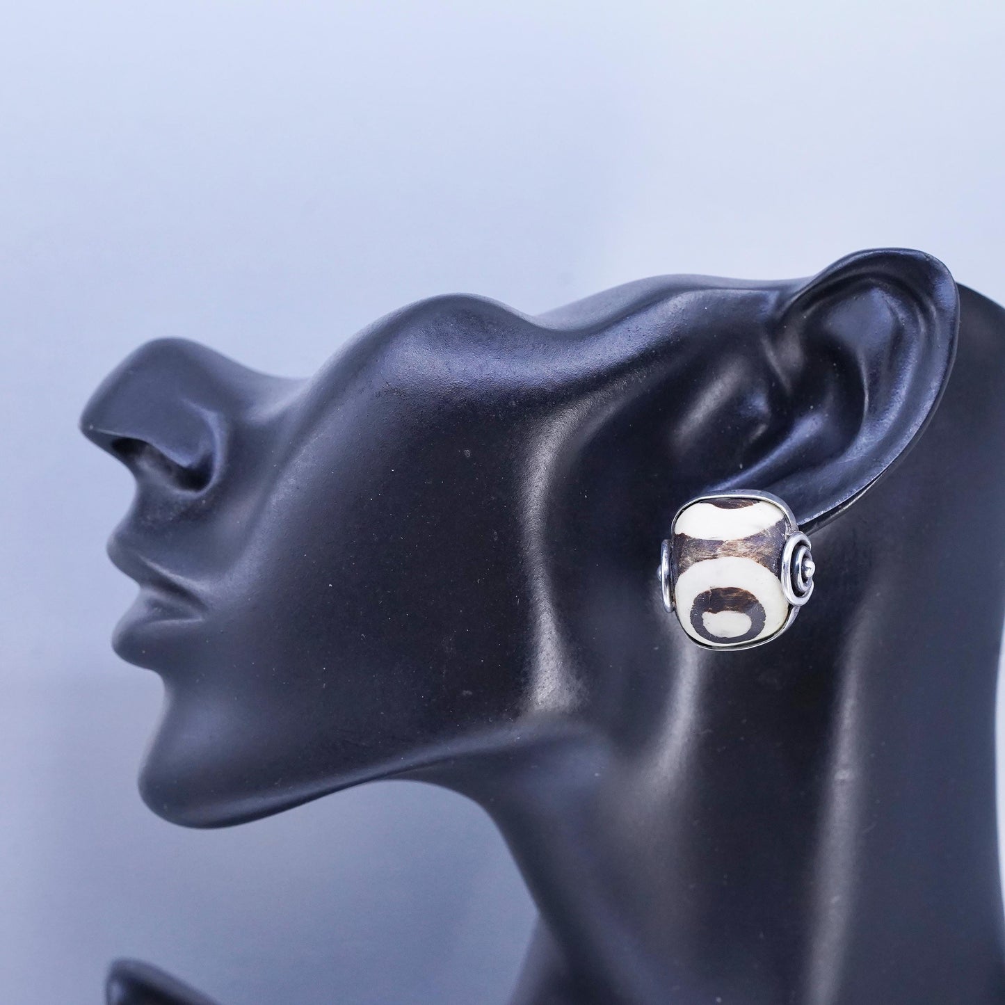 Artisan SIGNED David Sterling 925 Silver Handmade Dzi Gemstone Clip Earrings