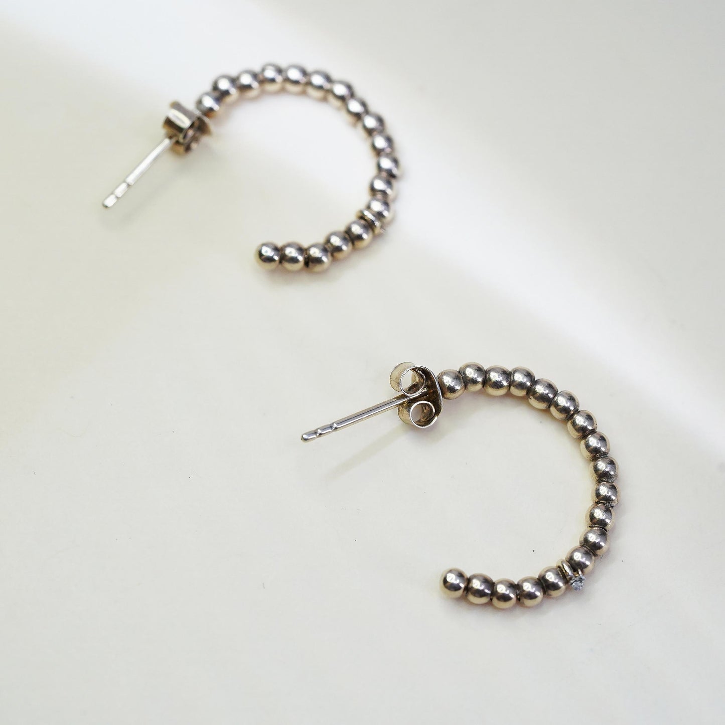 1", VTG yellow gold plated sterling 925 silver loop earrings, bead hoops huggie