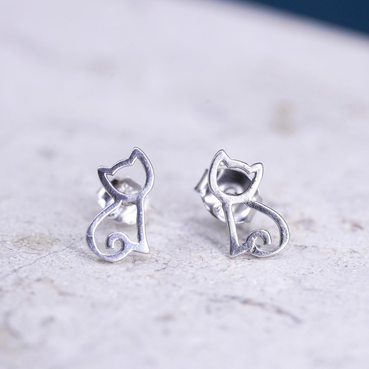 Vintage Sterling silver handmade studs, 925 cat kitty earrings