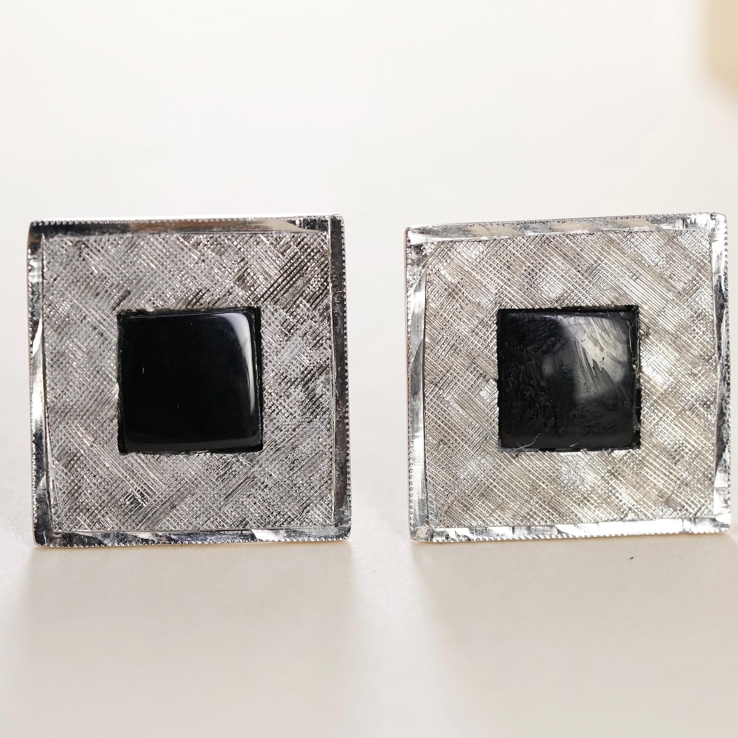 Vintage MR X sterling silver onyx cuff links, square textured 925 cufflinks