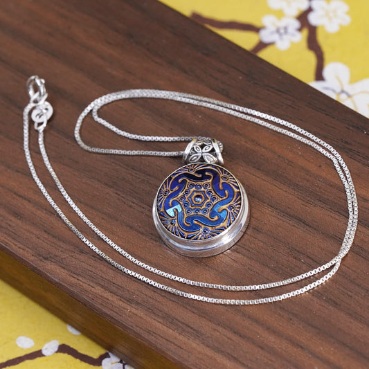 18" Sterling 925 Silver Blue Enamel Mandala Pendant Necklace, Gold Washed, Boho