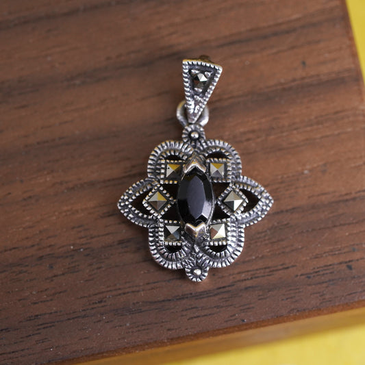 Vintage Sterling 925 silver handmade pendant with obsidian and marcasite