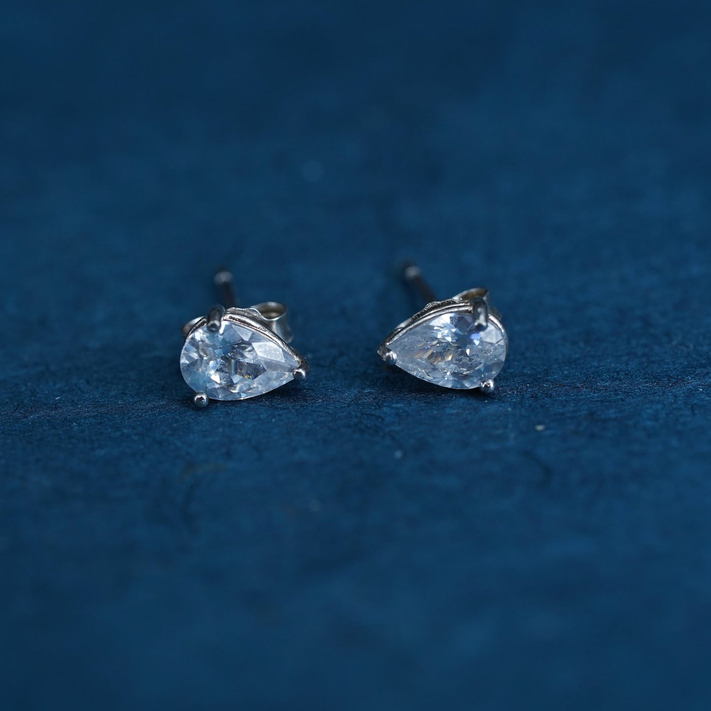 Vintage sterling silver handmade earrings, 925 teardrop studs with CZ