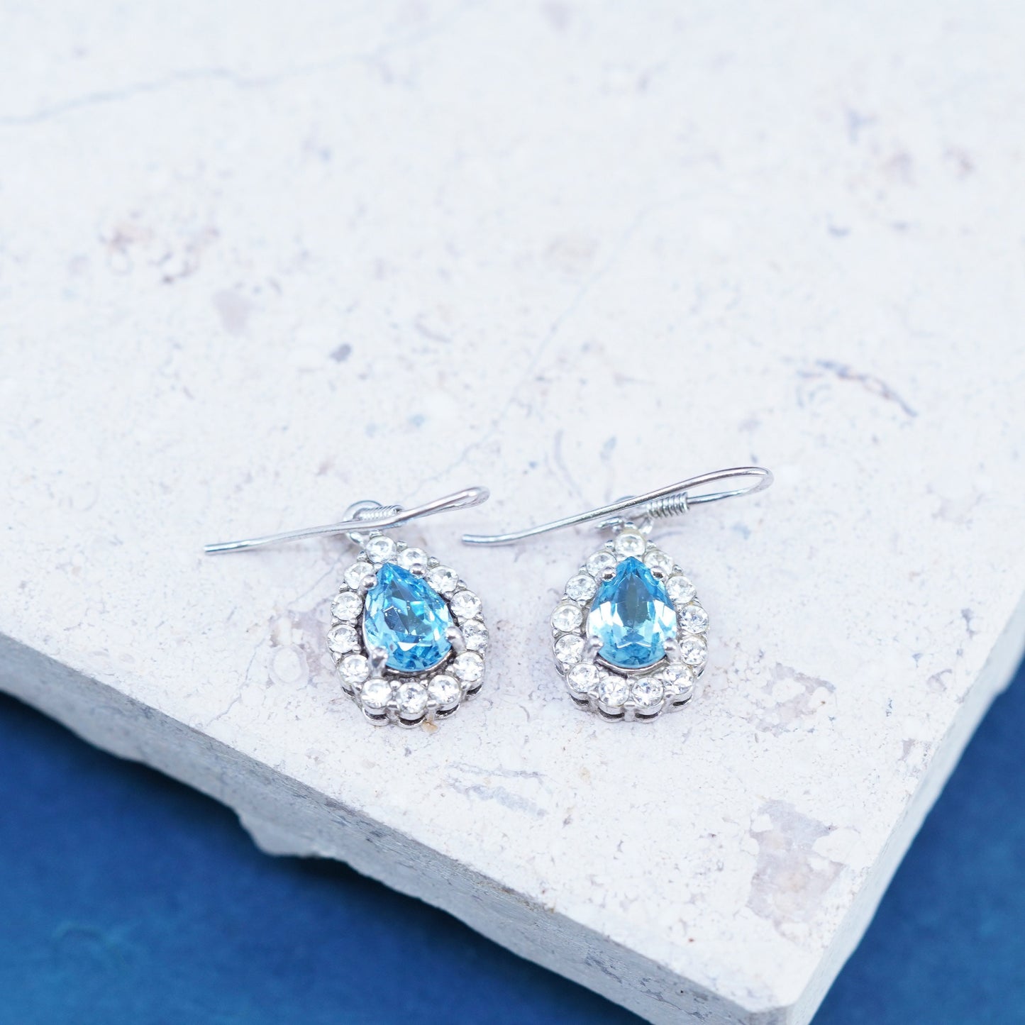 Vintage sterling 925 silver handmade earrings with teardrop blue topaz