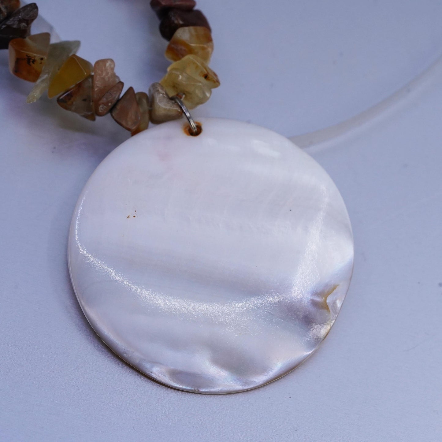 16” Sterling Silver Jasper agate beads necklace round Blister Pearl pendant