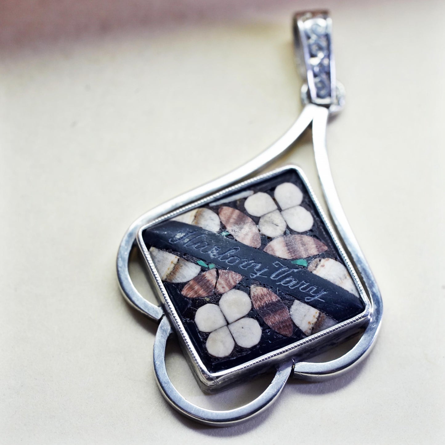 Vintage Sterling 925 Silver Inlay Pendant, Southwestern Mosaic Stone Jewelry