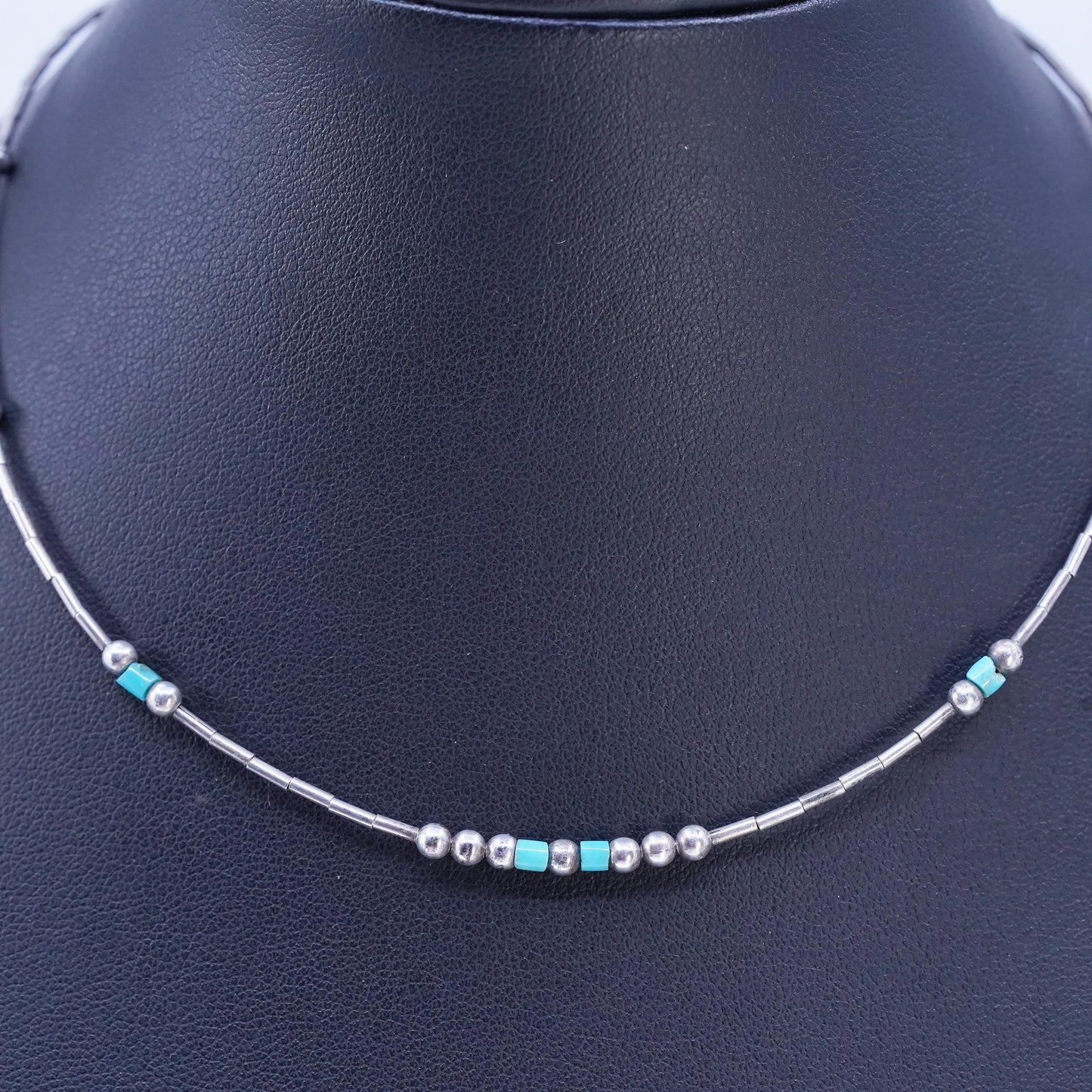 14", Native American Sterling 925 liquid silver necklace with turquoise beads