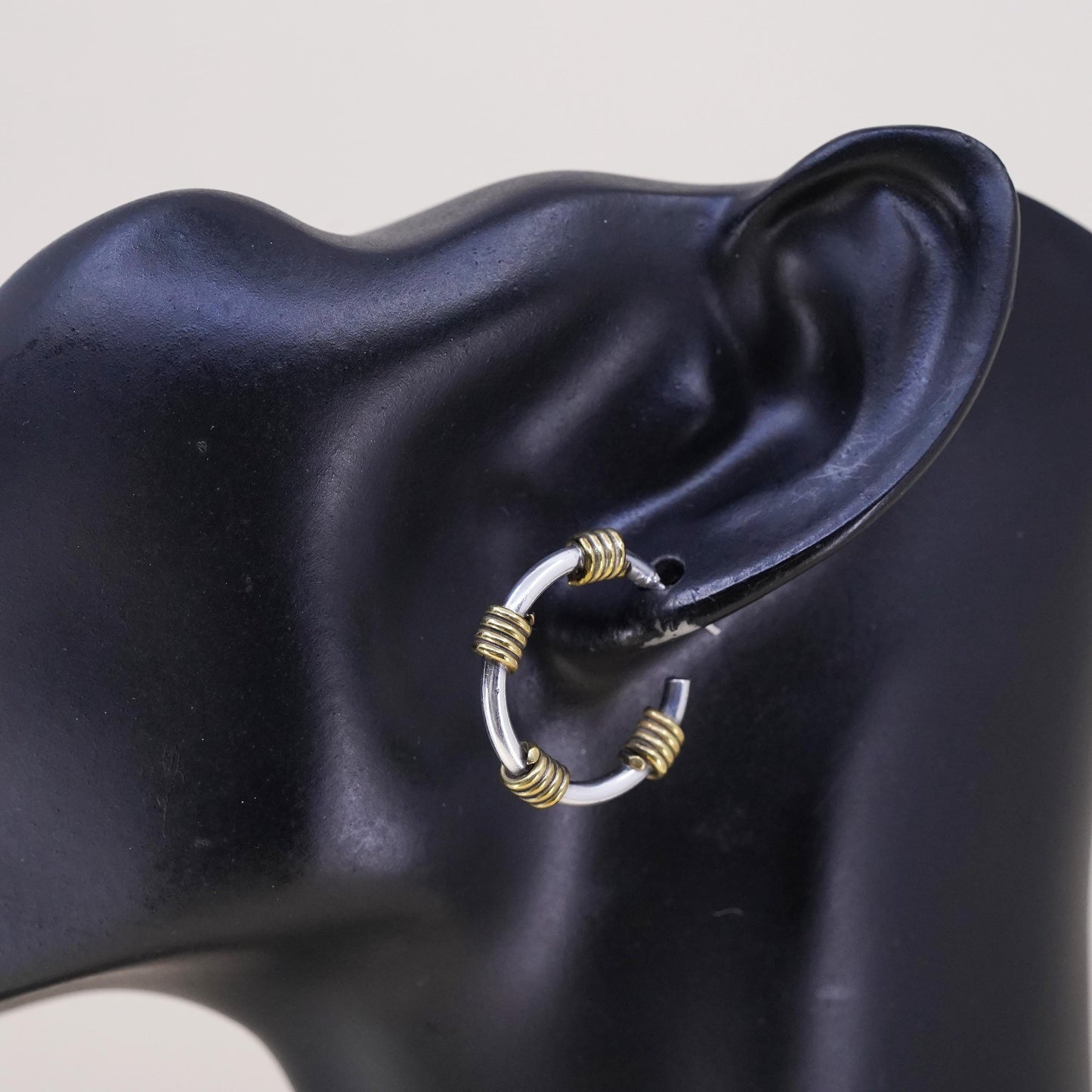 1", Vintage two tone sterling silver single earring, hoop stud with brass wired