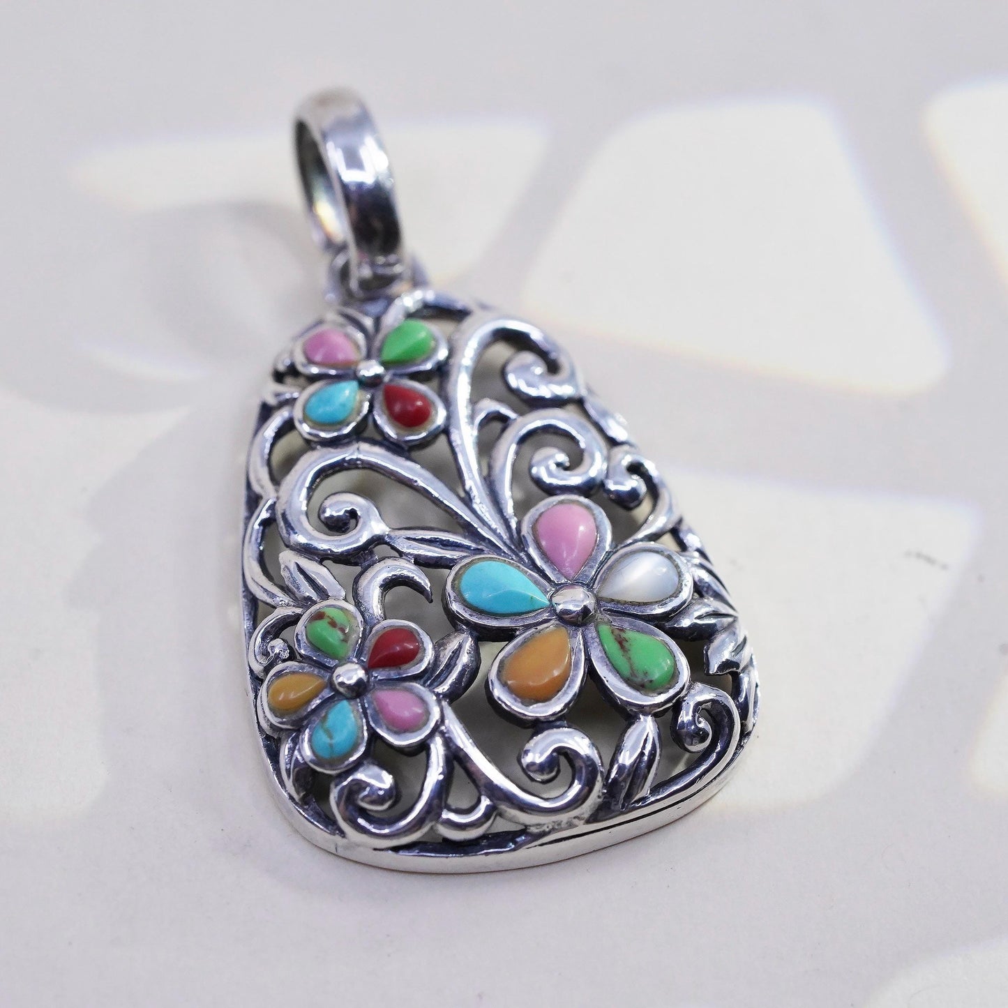 southwestern sterling silver 925 filigree flower pendant turquoise MOP