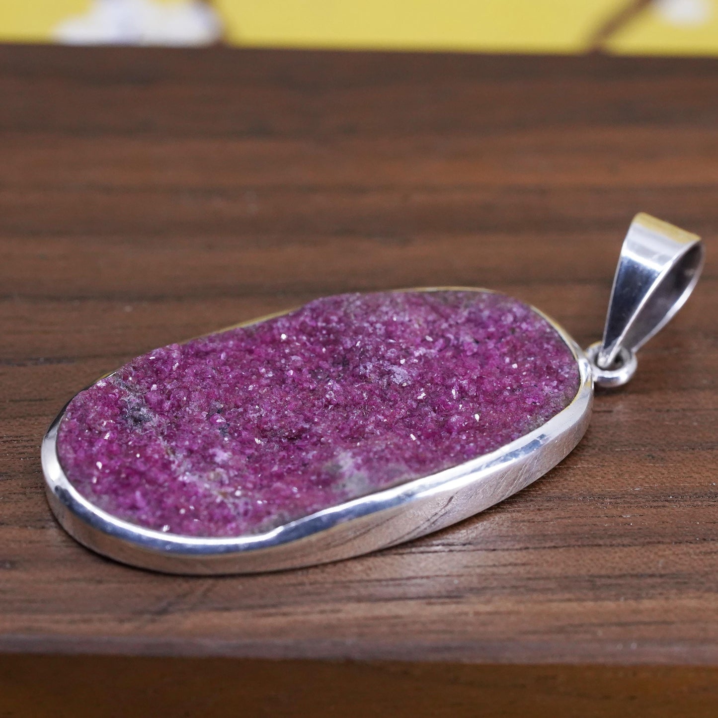 Vintage Sterling silver handmade pendant, 925 oval with rose pink druzy stone