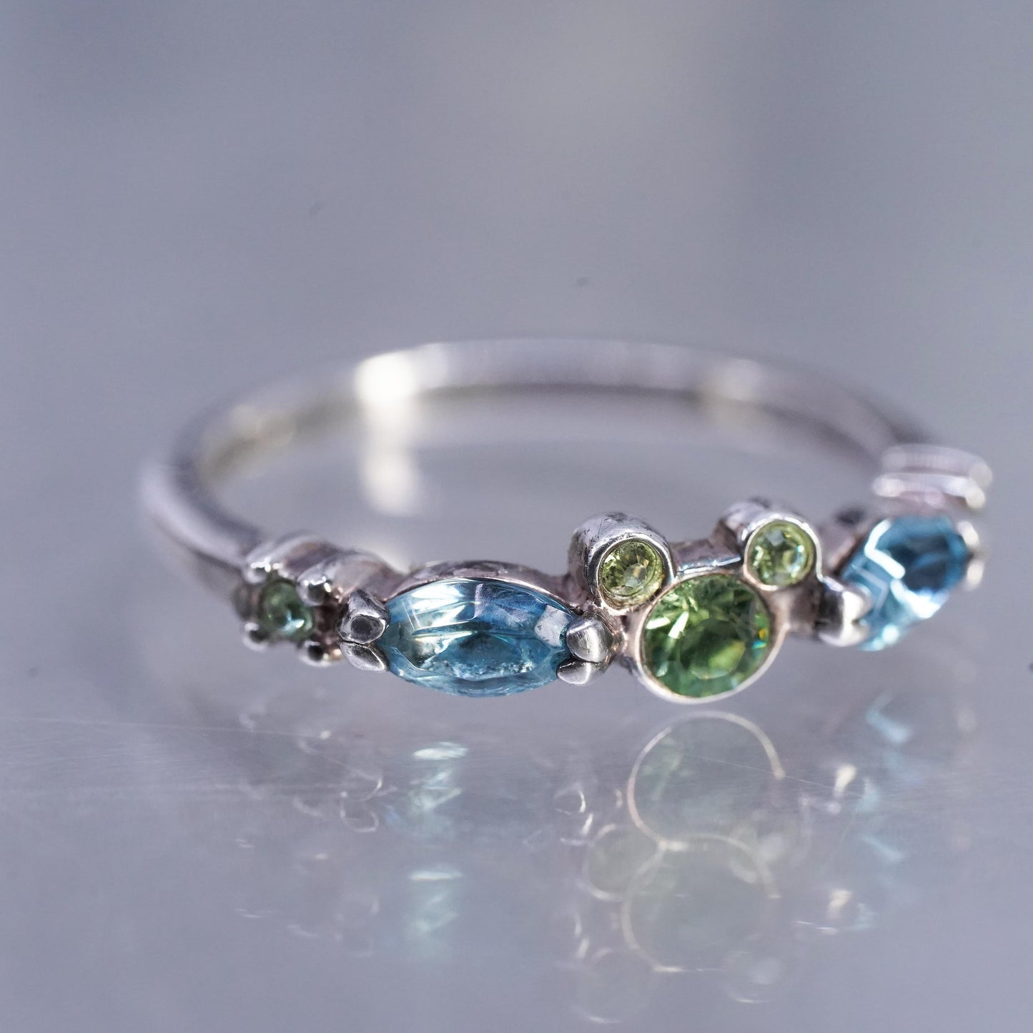 size 6.25, Disney Sterling Silver Ring 925 green blue crystal Mickey Mouse band