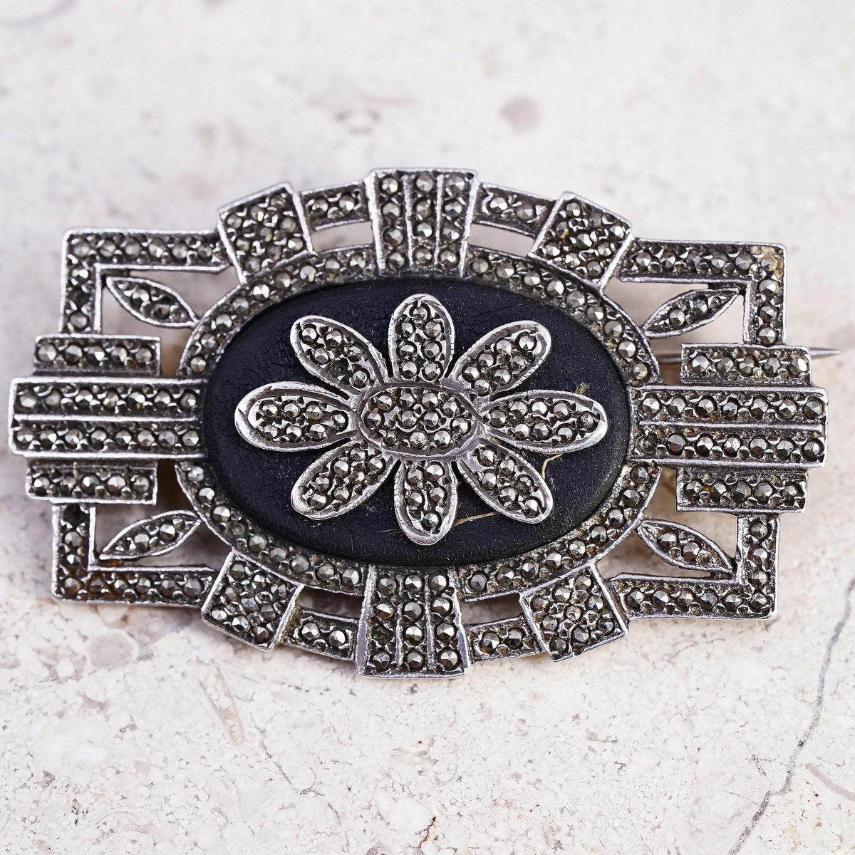 Sterling 925 Silver Onyx Marcasite Brooch Pin Art Deco Ornate Floral Jewelry