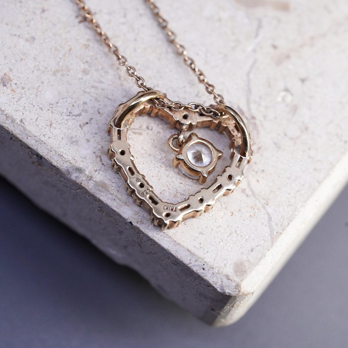 18" rose gold pleated Sterling silver necklace, 925 circle cz heart pendant