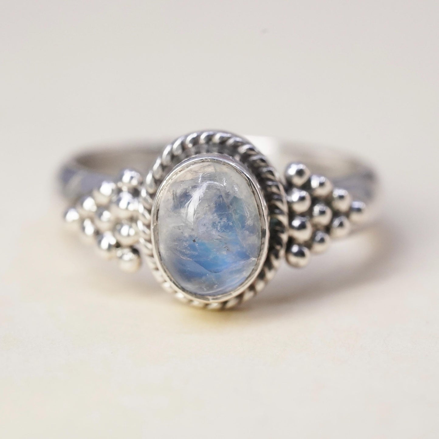 Size 7, vintage Mexican sterling 925 silver stackable ring moonstone and beads