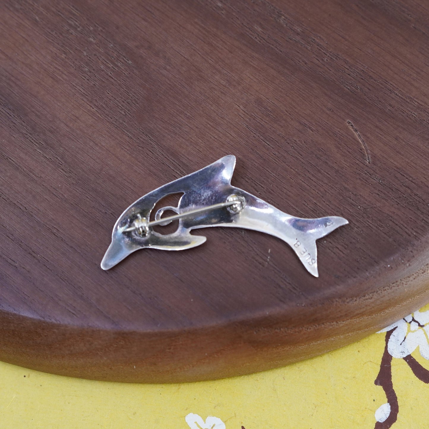 Vintage handmade two tone sterling 925 silver dolphin brooch with brass trim