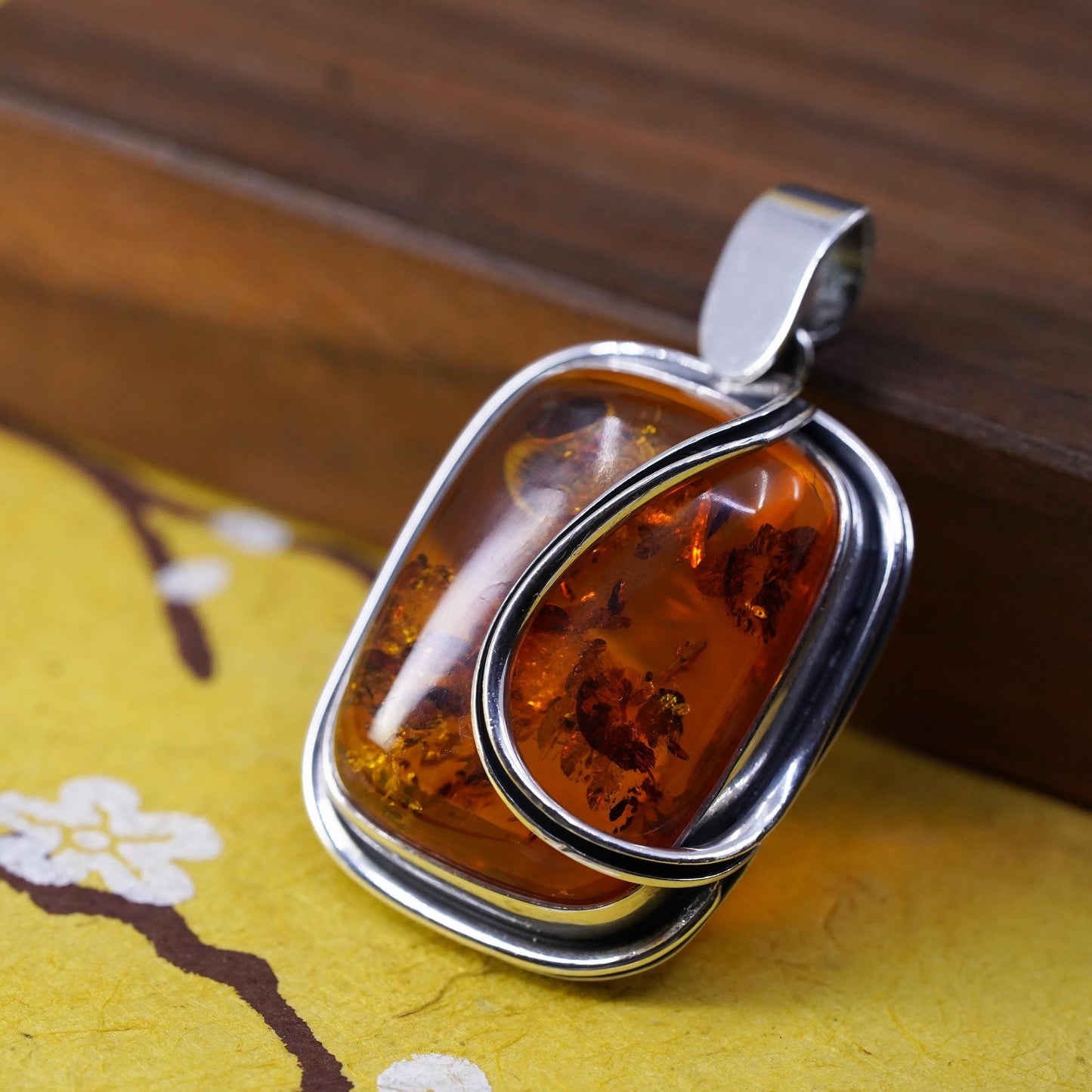 Vintage modern Sterling 925 silver handmade pendant with amber pendant