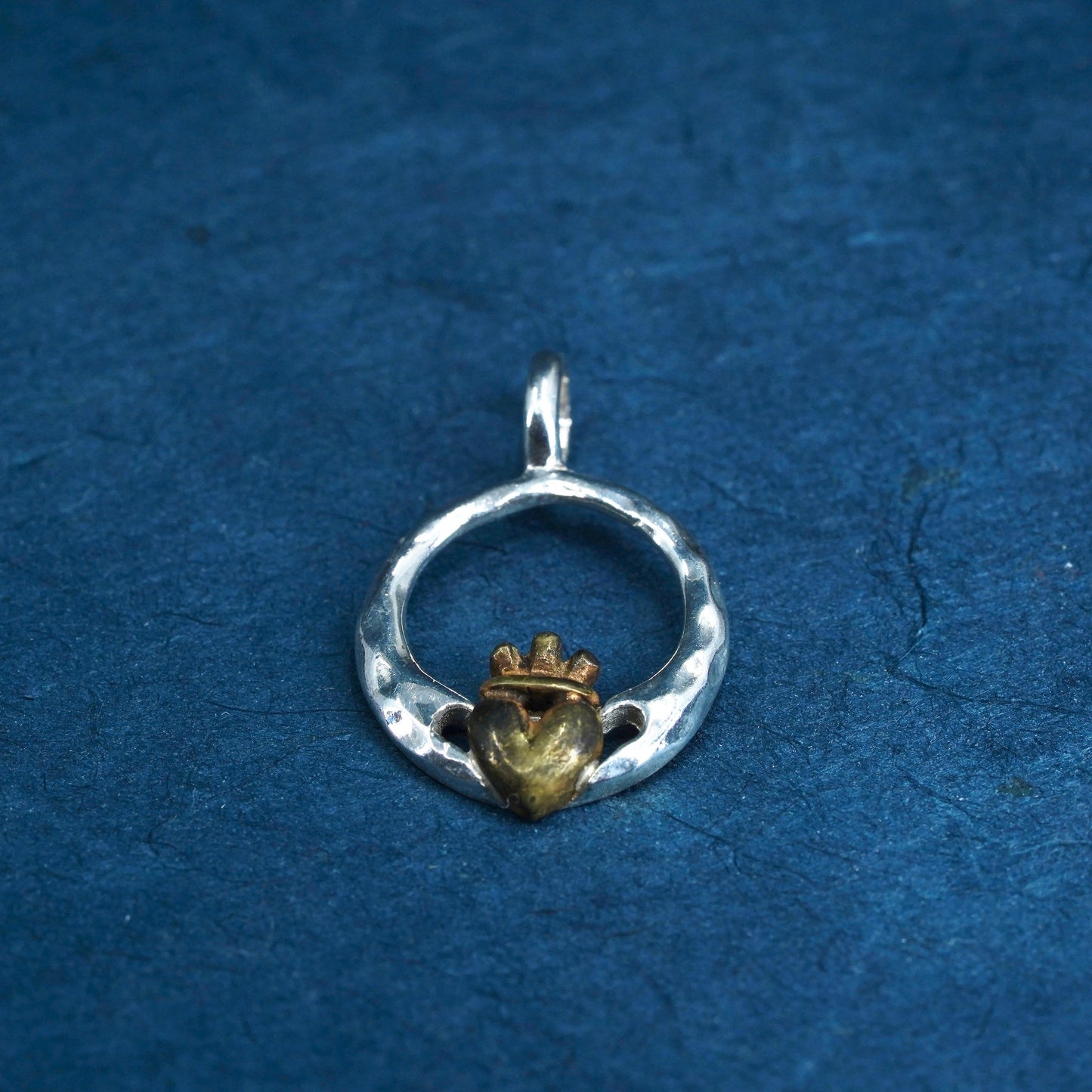 two tone Sterling silver pendant brass, 925 Irish claddagh holding heart charm