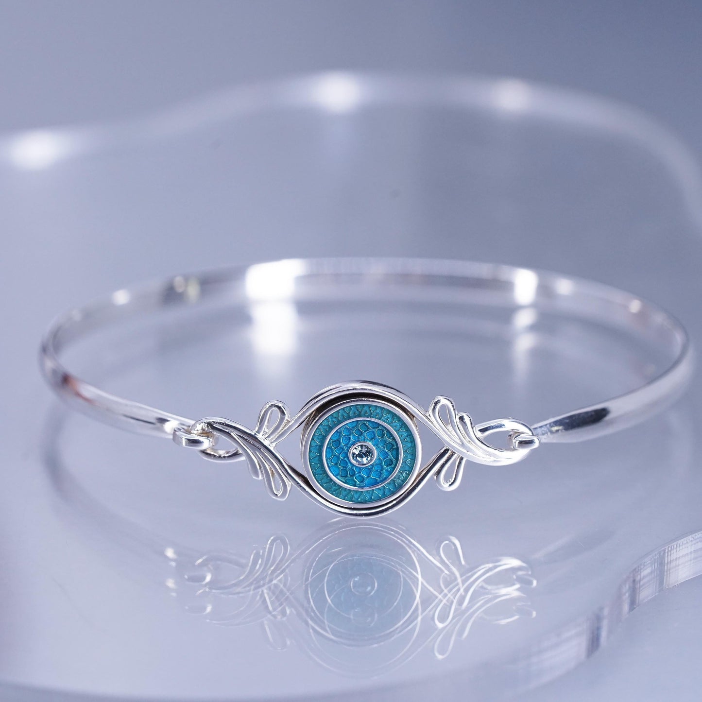 7.5”, Sterling 925 silver bracelet, hinged interchangeable bangle with enamel