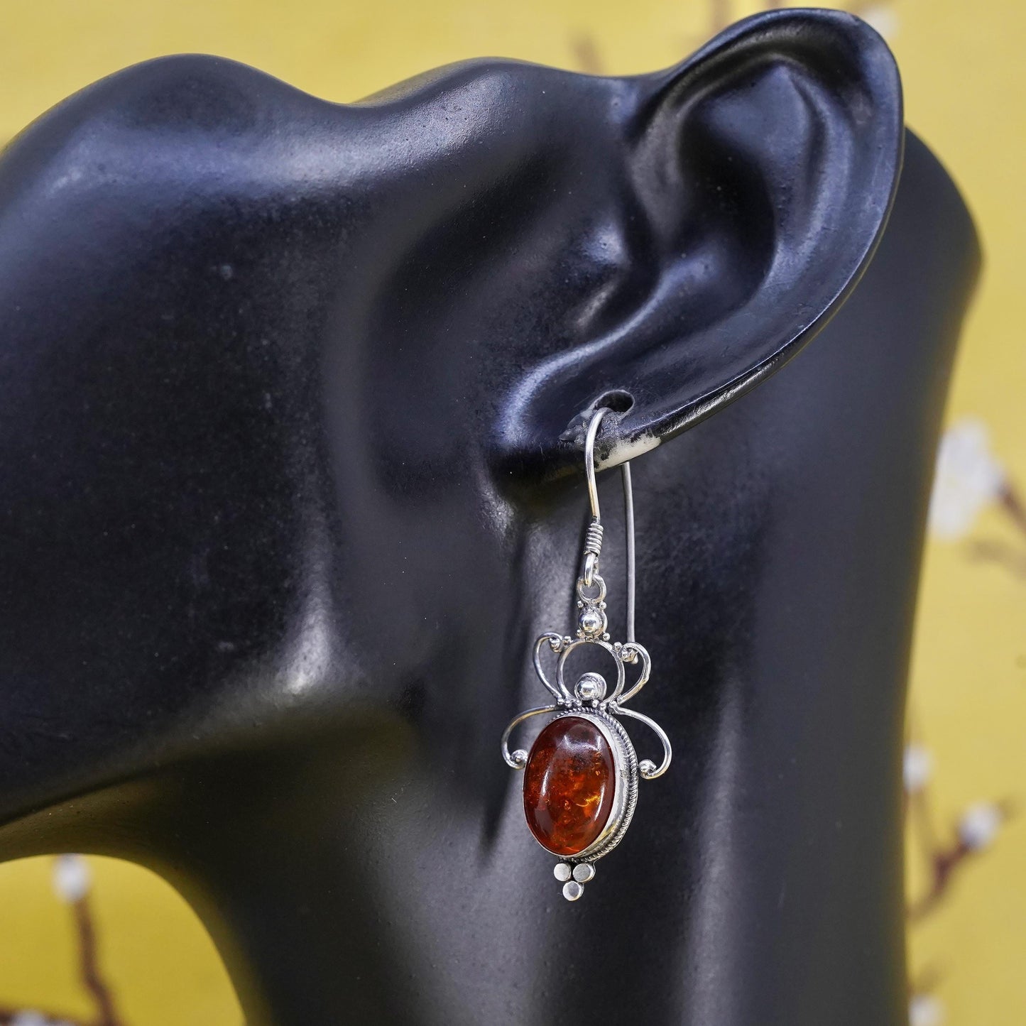 Vintage Sterling 925 silver handmade earrings with oval Amber